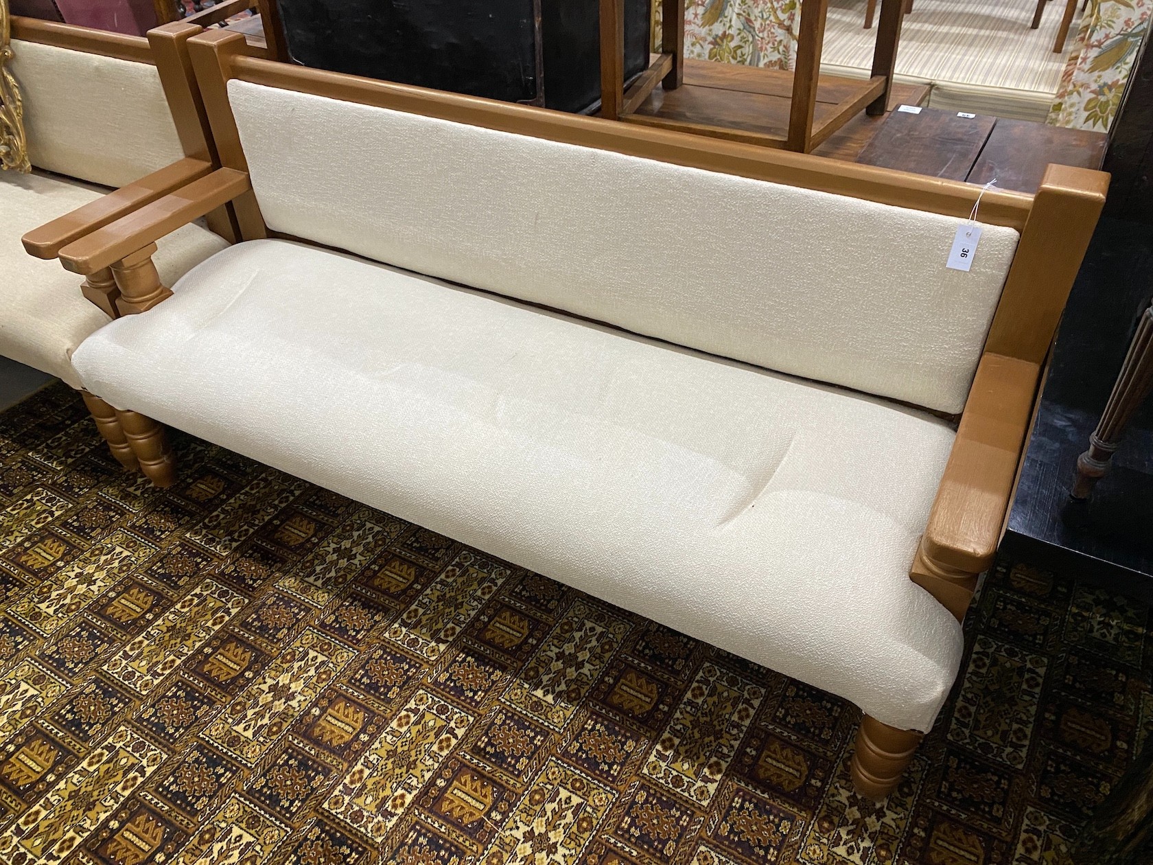 A pair of painted upholstered bench seats, new upholstery, length 186cm, depth 62cm, height 94cm